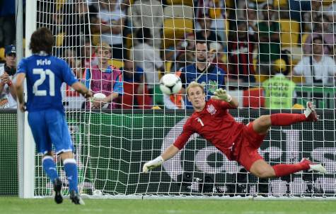 English goalkeeper Joe Hart (R) dives as