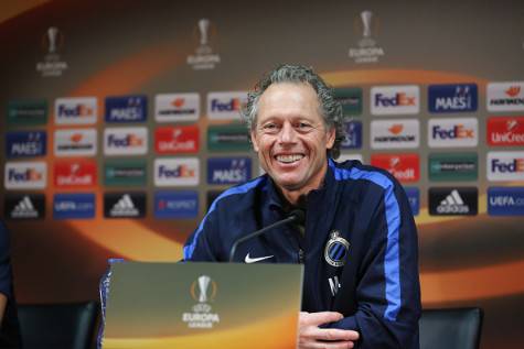 Club's head coach Michel Preud'homme speaks during a press conference of Club Brugge, on September 30, 2015, in Brugge. Belgium's first league soccer team Club Brugge will play the second game in the group stage of the UEFA Europa League football match against Danish soccer team FC Midtjylland, in the group D. AFP PHOTO / BELGA / BRUNO FAHY   =BELGIUM OUT=        (Photo credit should read BRUNO FAHY/AFP/Getty Images)