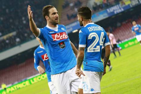 Napoli's Argentinian-French forward Gonzalo Higuain (L) celebrates with teammate Napoli's Italian forward Lorenzo Insigne after scoring during the Italian Serie A football match SSC Napoli vs US Palermo on October 28, 2015 at the San Paolo stadium in Naples. AFP PHOTO / CARLO HERMANN (Photo credit should read CARLO HERMANN/AFP/Getty Images)