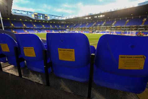 LONDON, ENGLAND - FEBRUARY 25 : Signs on the backs of seats asking fans to mind their language before the UEFA Europa League match between Tottenham Hotspur and Fiorentina at White Hart Lane on February 25, 2016 in London, United Kingdom. (Photo by Catherine Ivill - AMA/Getty Images)