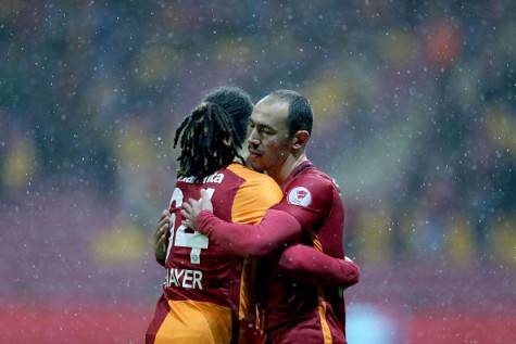 ISTANBUL, TURKEY - MARCH 2: Umut Bulut (R) and Jason Denayer of Galatasaray celebrates after scoring a goal during the Ziraat Turkish Cup quarter final football match between Galatasaray and Akhisar Belediyespor at Turk Telekom Arena in Istanbul, Turkey on March 2, 2016. (Photo by  Vedat Sari/Anadolu Agency/Getty Images)