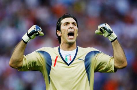 BERLIN - JULY 9: Goalkeeper Gianluigi Buffon of Italy celebrates his team's first goal during the FIFA World Cup Germany 2006 Final match between Italy and France at the Olympic Stadium on July 9, 2006 in Berlin, Germany. (Photo by Shaun Botterill/Getty Images)