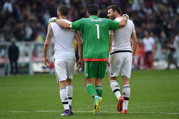 Bonucci, Buffon e Barzagli al termine di Torino-Juventus