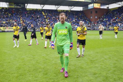 (L-R) Joey Suk of NAC Breda, goalkeeper Gabor Babos of NAC Breda, Gilles Swerts of NAC Breda, Divine Naah of NAC Breda, Dirk Marcellis of NAC Breda, Sepp de Roover of NAC Breda, goalkeeper Jelle ten Rouwelaar of NAC Breda, Demy de Zeeuw of NAC Breda, Remy Amieux of NAC Breda, Ruben Ligeon of NAC Breda during the play-offs promotion/relegation Final match between NAC Breda and Roda JC Kerkrade at the Rat Verlegh stadium on May 31, 2015 in Breda, The Netherlands(Photo by VI Images via Getty Images)