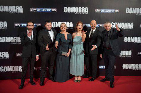 Marco Palvetti(L), Salvatore Esposito(2L), Marco D'Amore(2R), Fortunato Cerlino(R) attends the 'Gomorra 2 - La serie' on red carpets at The Teatro dell'Opera in Rome, Italy on May 10, 2016. (Photo by Antonio Masiello/NurPhoto via Getty Images)