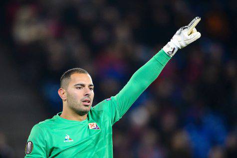 Fiorentina's Italian goalkeeper Luigi Sepe gestures during the UEFA Europa League group I football match between Basel and Fiorentina at the St Jakob stadium in Basel on November 26, 2015.  / AFP / FABRICE COFFRINI        (Photo credit should read FABRICE COFFRINI/AFP/Getty Images)