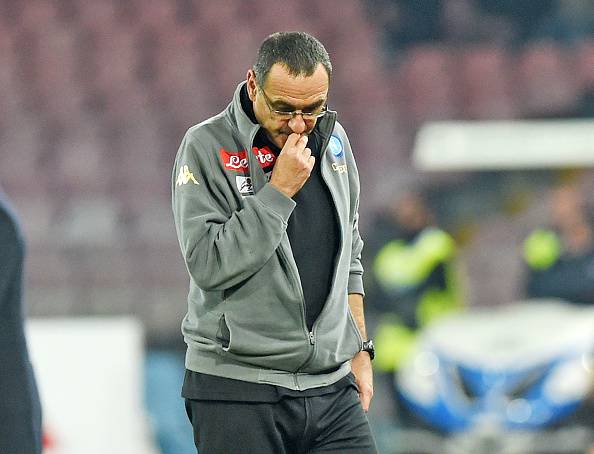 NAPLES, ITALY - NOVEMBER 28: Napolis coach Maurizio Sarri stands disappointed after the Serie A match between SSC Napoli and US Sassuolo November 28, 2016 in Naples, Italy. (Photo by Francesco Pecoraro/Getty Images)
