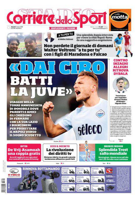 Prima pagina Corriere dello Sport, venerdì 2 marzo