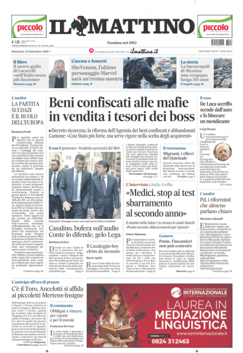 Il Mattino di Napoli Prima Pagina 23 settembre 2018