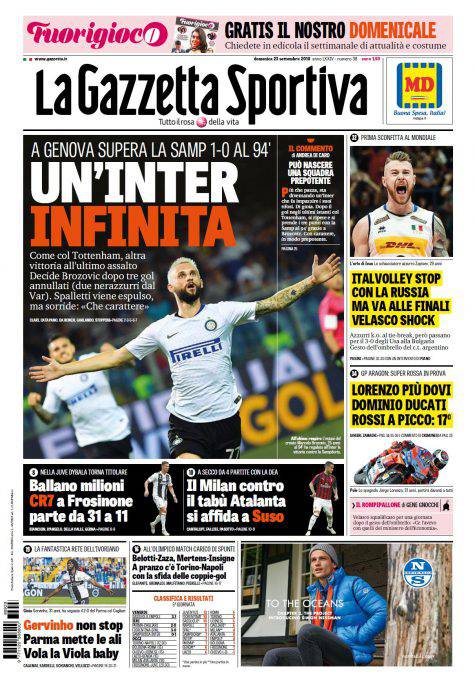 Gazzetta dello Sport Prima Pagina 23 settembre 2018