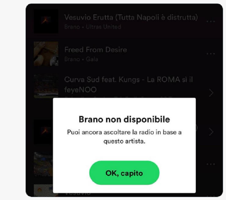 Il brano "Vesuvio Erutta - Tutta Napoli è distrutta" è stata bloccata su Spotify